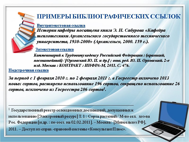ПРИМЕРЫ БИБЛИОГРАФИЧЕСКИХ ССЫЛОК Истории кафедры посвящена книга Э. Н. Сабурова «Кафедра теплотехники Архангельского государственного